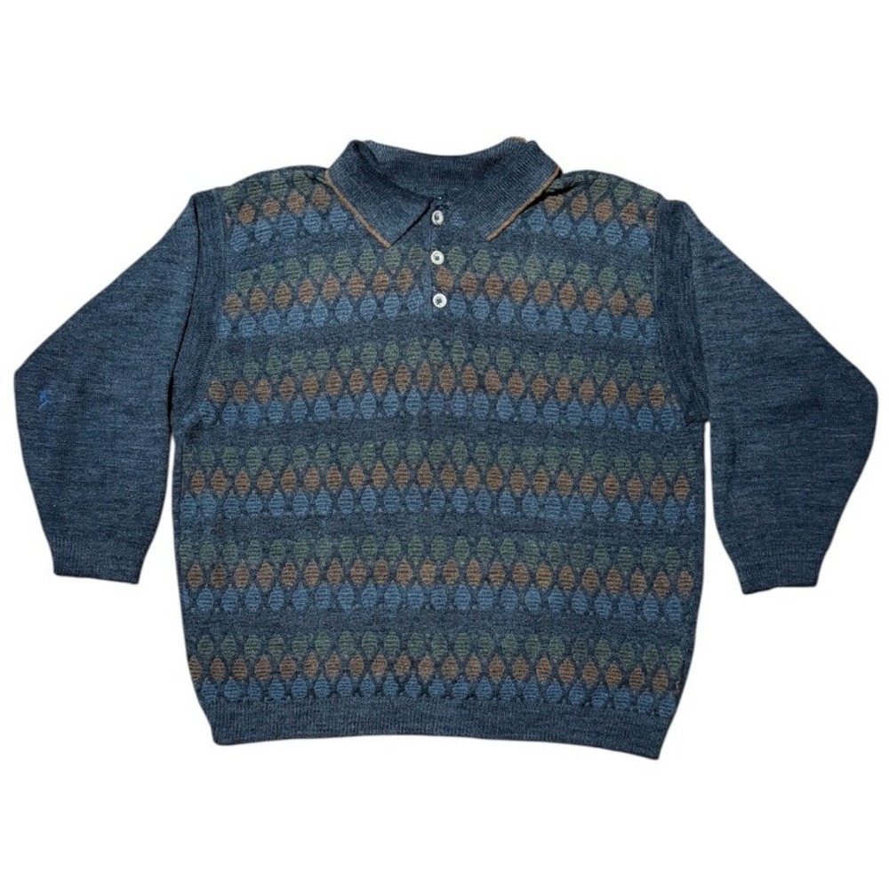 Vintage 90s Casa Moda Per Uomo Geometric Diamond Knit Polo Button Collar Sweater